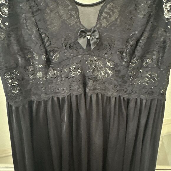 Vintage Shadowline Nightgown Maxi Black Lace Nylon Bow Women's Medium - Picture 4 of 10